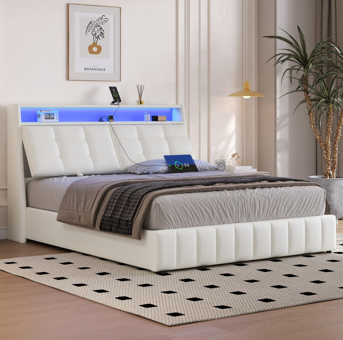 POLSTERBETT 160/200 cm Weiß mit LED-Beleuchtung USB-Anschlüssen und Stauraum - Weiß, Textil (160/200cm) - OKWISH