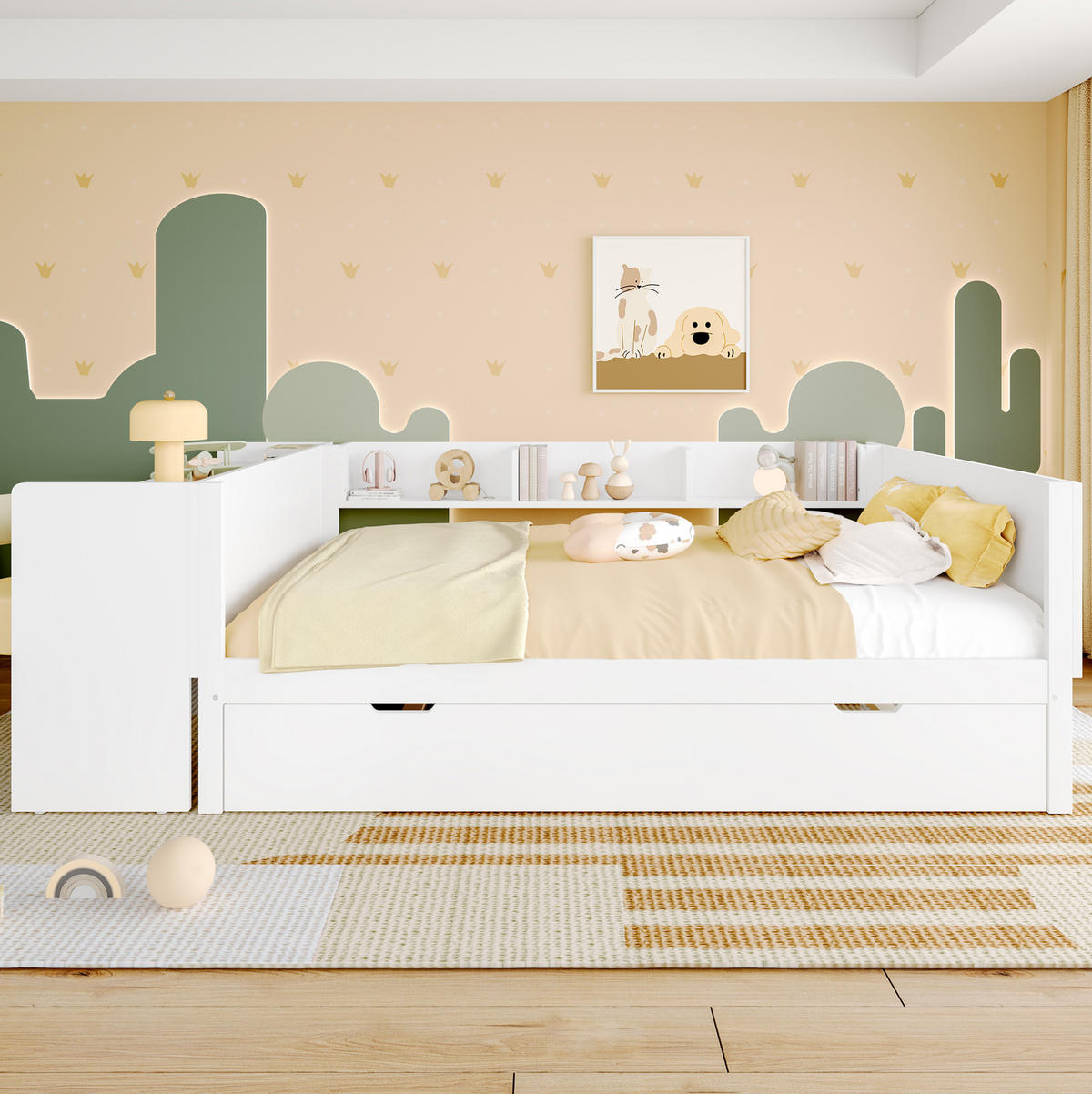 KINDERBETT aus Kiefernholz 140x200 cm Weiß mit Schreibtisch, Rollbett und Regalen - Weiß, Holzwerkstoff (140/200cm) - Modfu