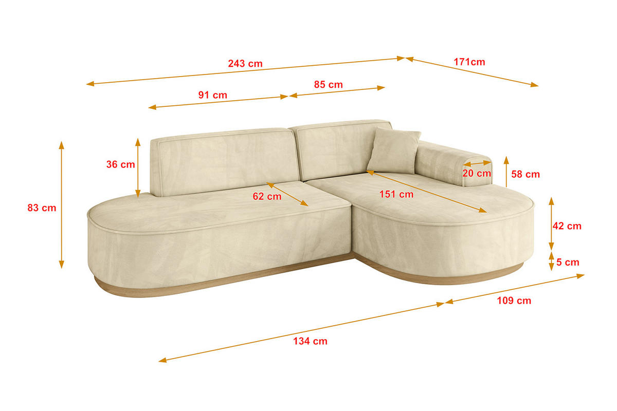 ECKSOFA Ottomane Rechts MARI-L1-v2 - 243x171x83 cm Beige Velours - Beige, Holzwerkstoff/Textil (171/243cm) - ALTDECOR