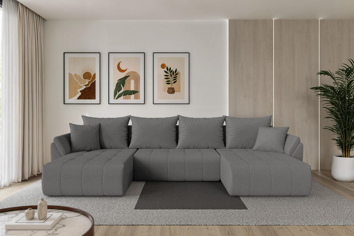 SEDACÍ SOUPRAVA DO U s funkcí spaní a úložným prostorem TOKO-U 378x194x86 šedá bouclé - šedá/černá, kompozitní dřevo/textil (378/86/194cm) - ALTDECOR