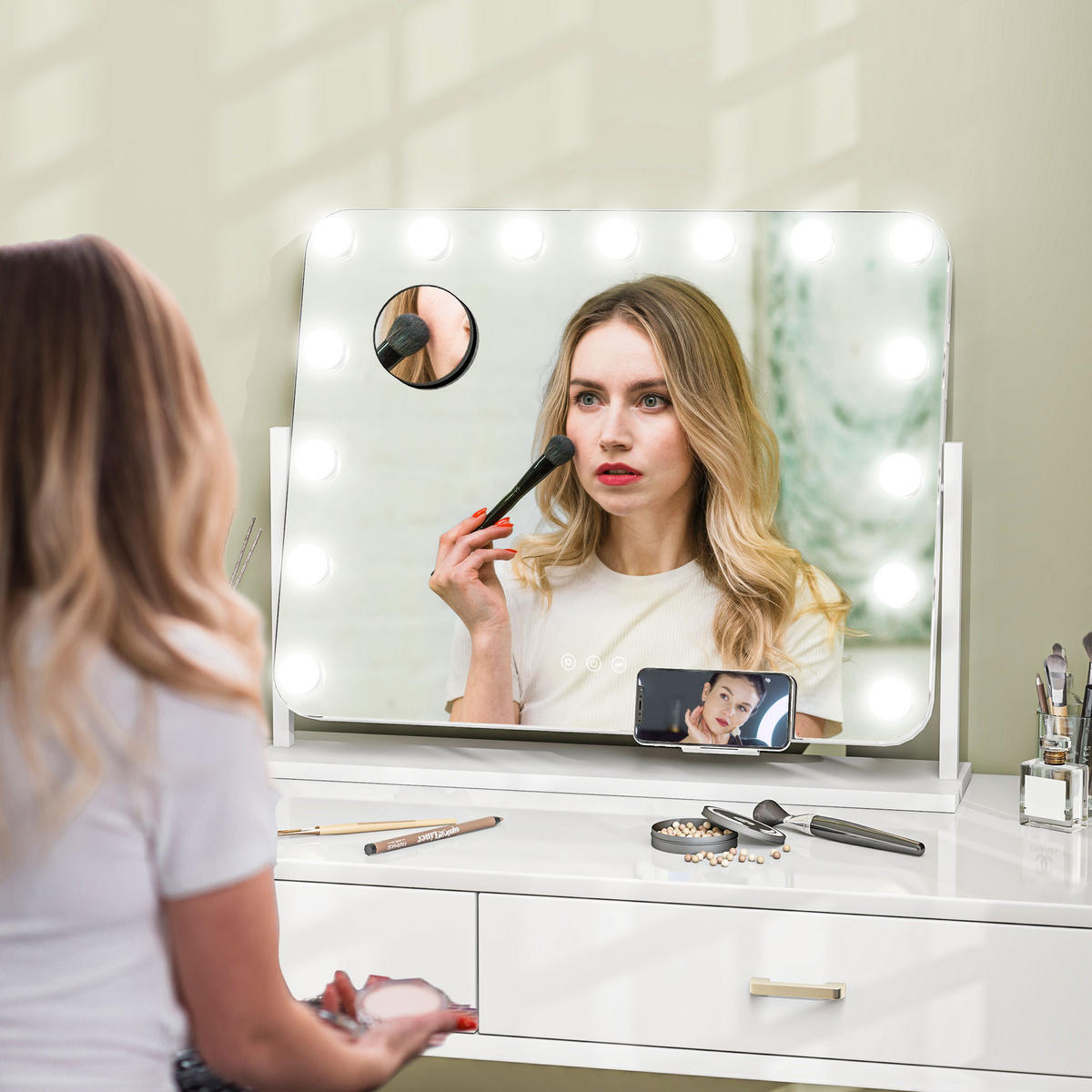 HOLLYWOOD Spiegel mit Beleuchtung 62,5 x 52 cm Schminkspiegel mit 15 LED Licht - Weiß, Metall (14/52/62.5cm) - HOMCOM