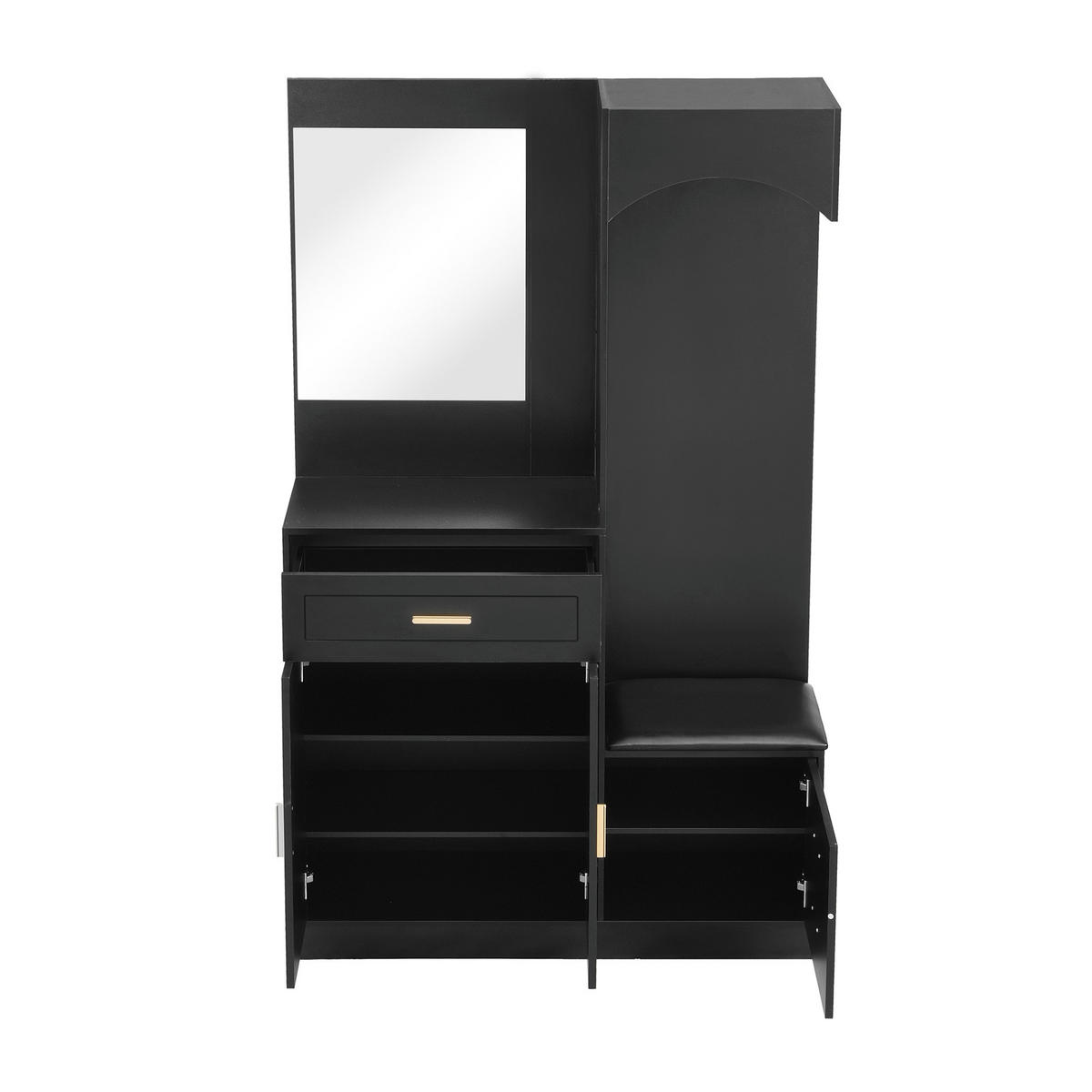 DIELENGARDEROBE 110/33/185,5 cm in Schwarz mit Spiegel und Schuhablage - Schwarz, Holzwerkstoff (110/185.5/33cm) - BEAOK