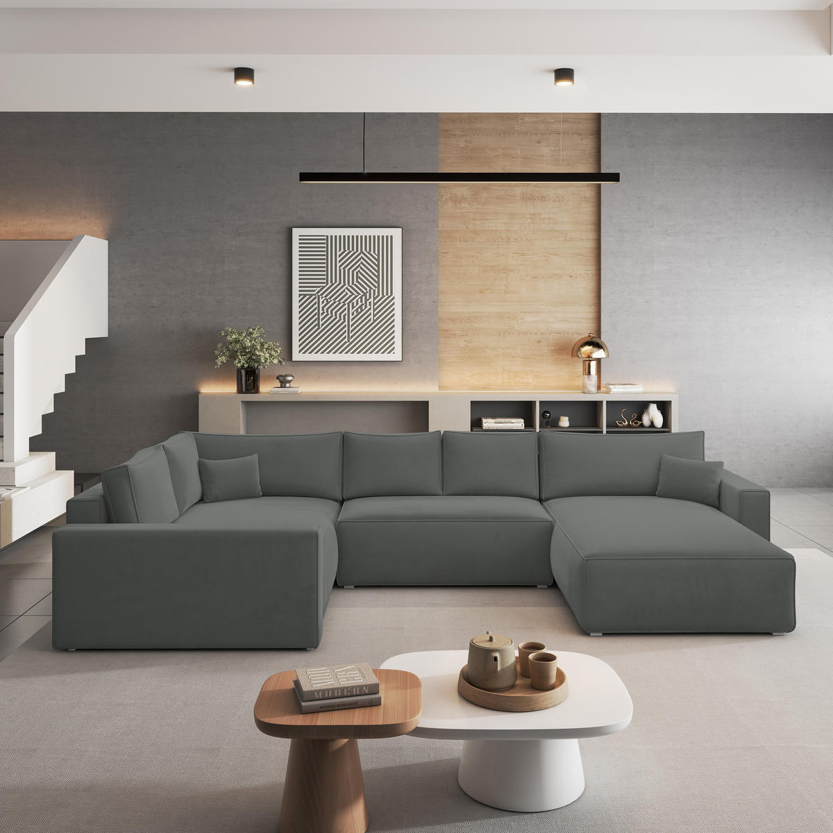 ROHOVÁ SEDAČKA VELAMI šedá - šedá, dřevo/textil (365/194cm) - MASSENO