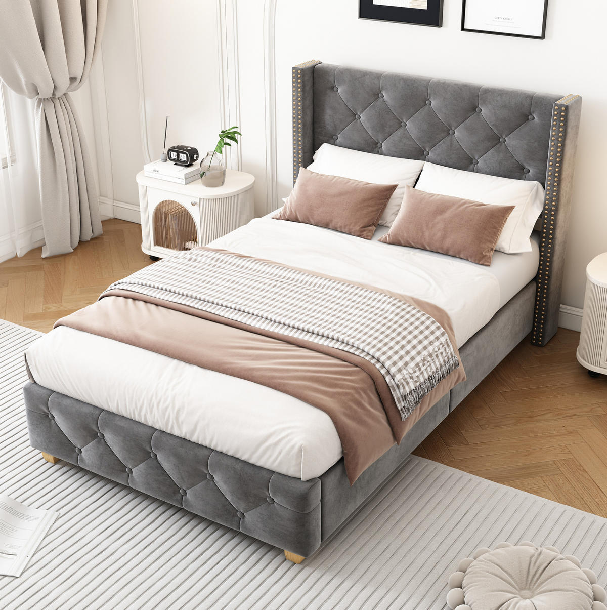 BETT 90x200 cm Samt Grey mit Lattenrost - Grau, Metall (90/200cm) - Meubliv
