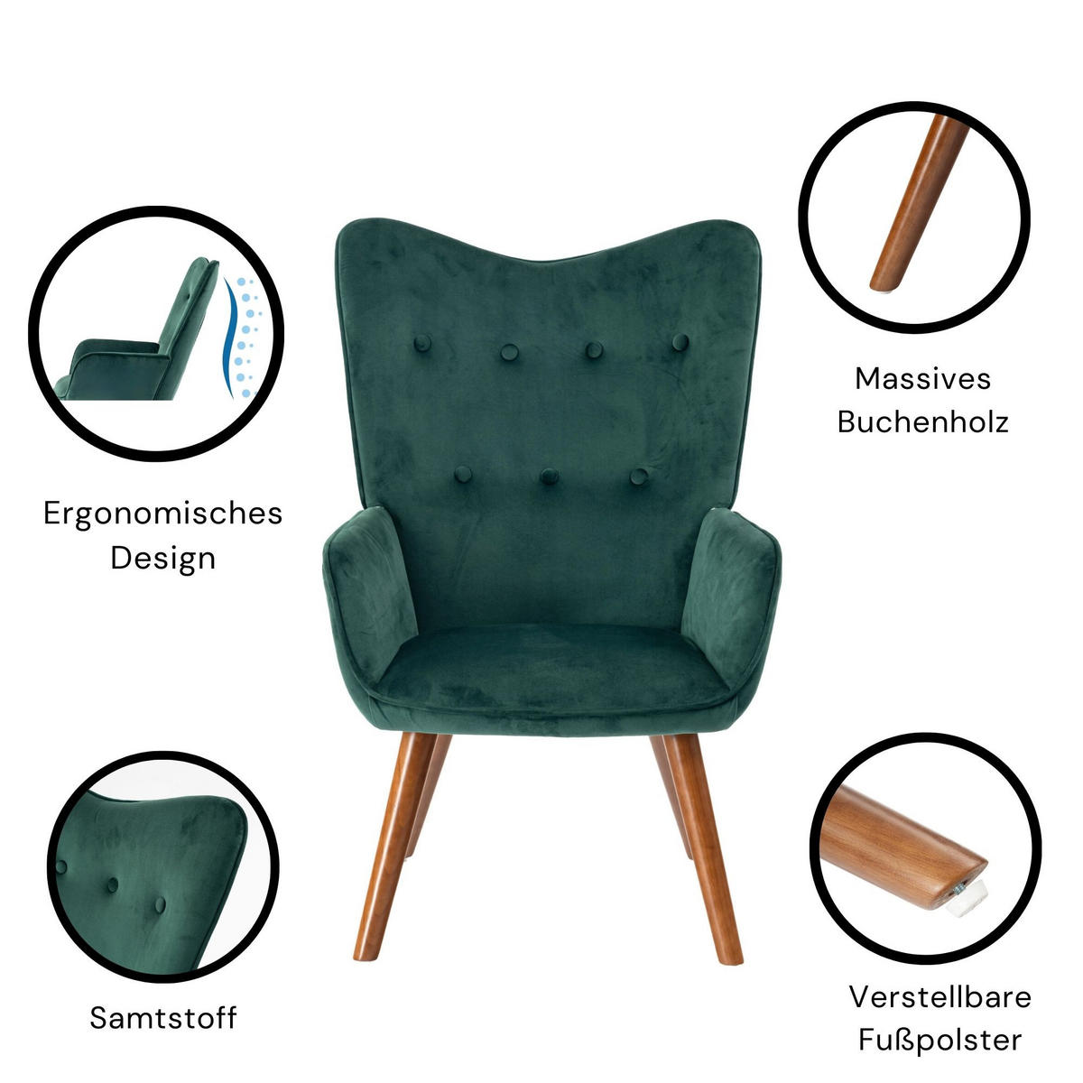 SESSEL Samt grün mit Holzbeinen & Komfortabel - Dunkelgrün/Dunkelbraun, Holz/Buchenholz (61/91.5/69cm) - Urban Meuble