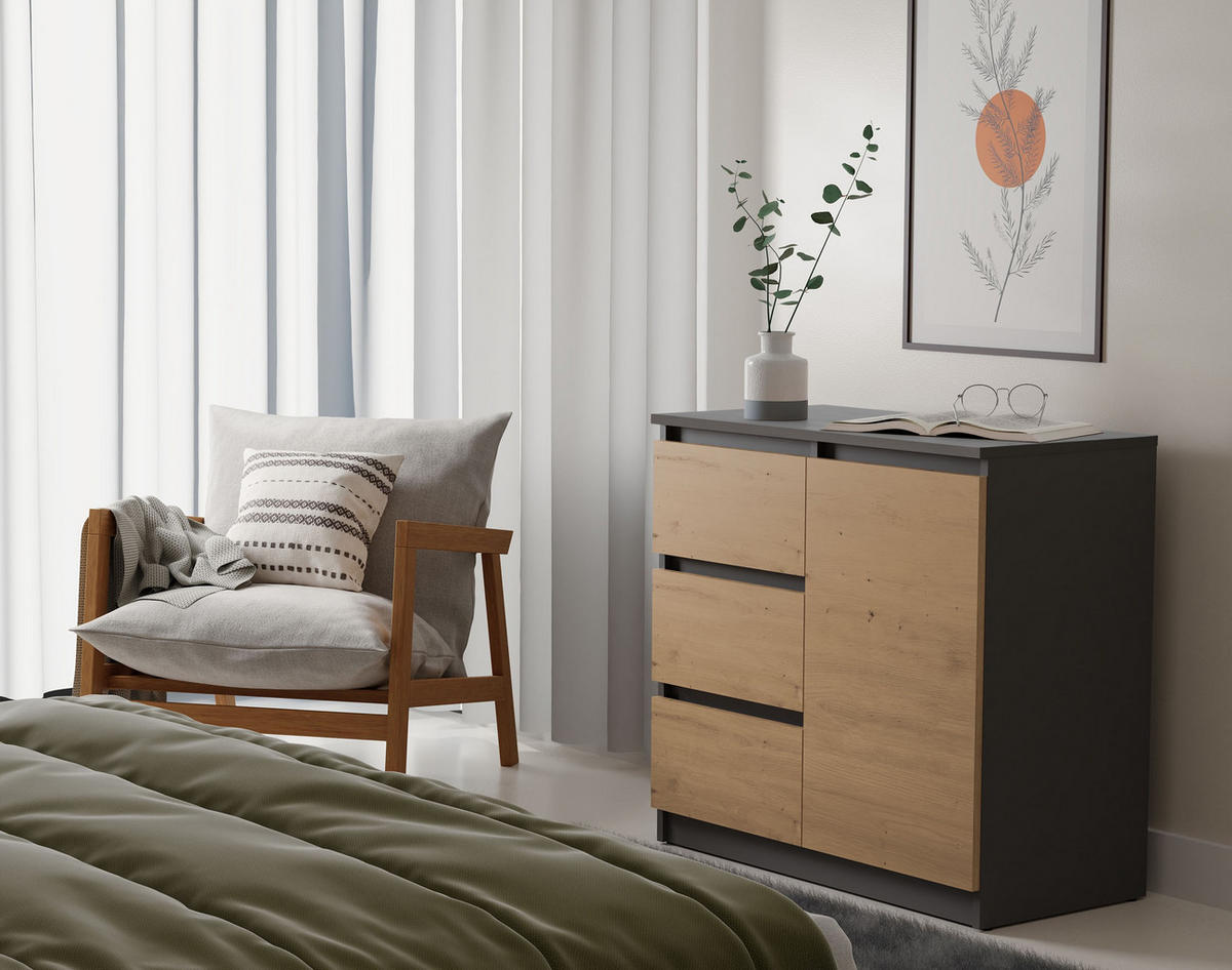 KOMMODE 1D3S ANTHRAZIT TOP 3 SCHUBLADEN EICHE ARTISAN - Eiche Artisan, Holzwerkstoff (80/75/40cm) - CDF