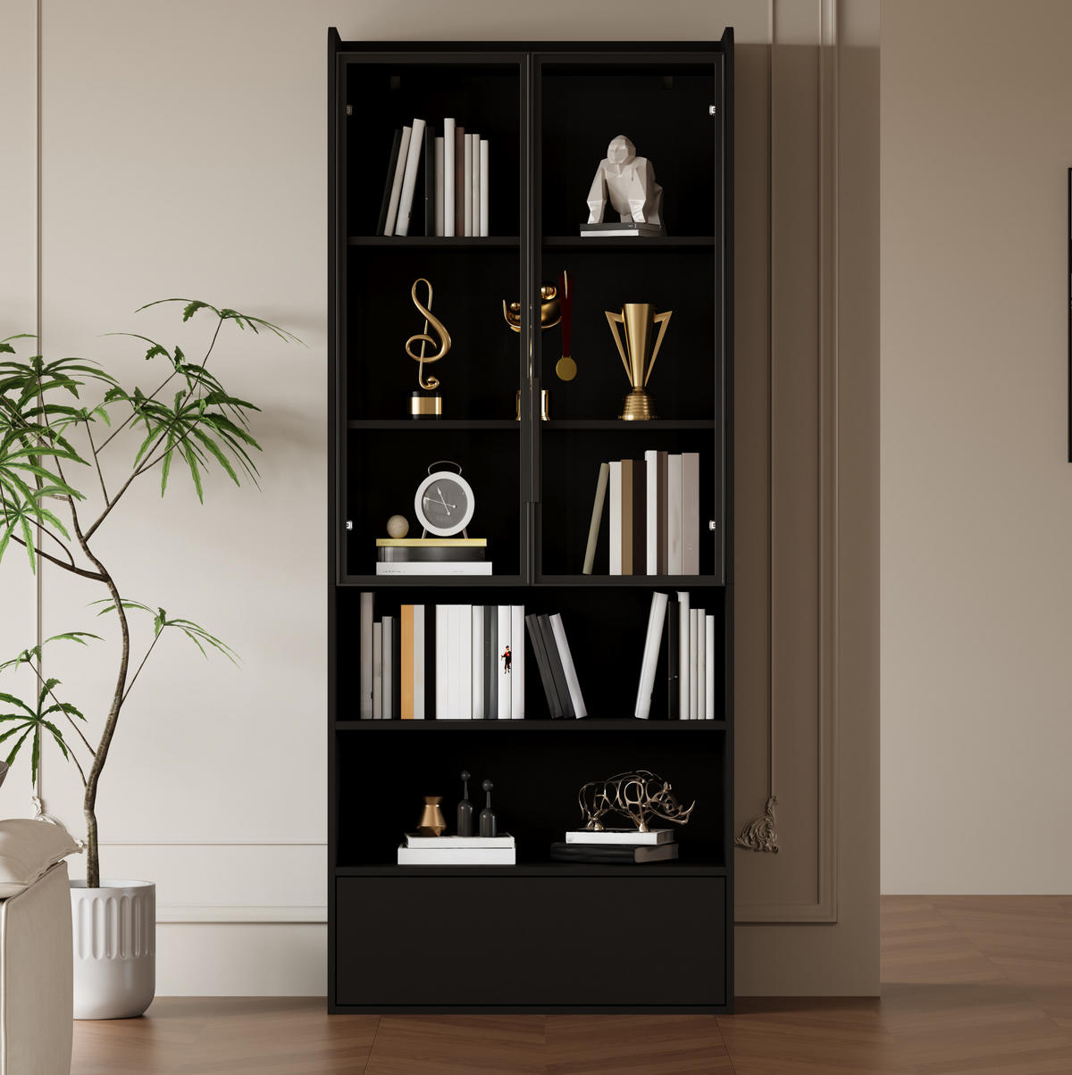 VITRINE mit LED 80x34x180 cm MDF Glas Schwarz - Schwarz, Glas (34/180/80cm) - Beauniv