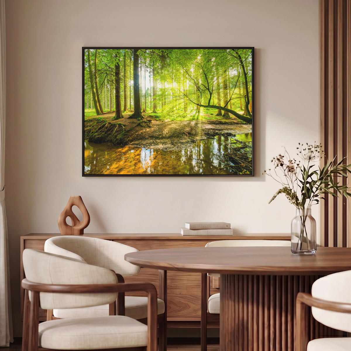 LEINWAND Bilder mit Rahmen - Wald - Landschaft - Wasser - Bäume - Sonne - Grün - Natur - 100x70 - Grün, Textil (100/70cm) - MuchoWow