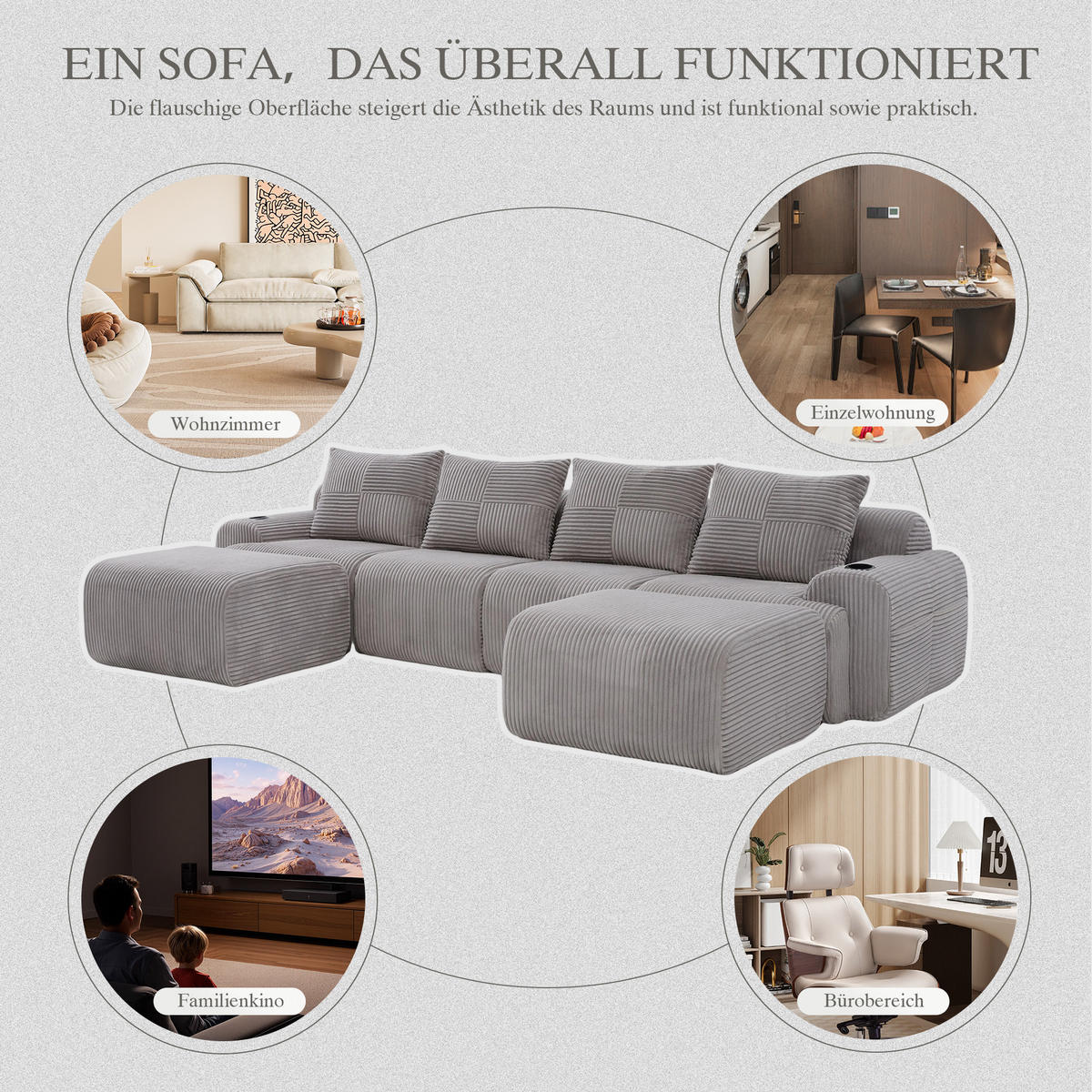 4-SITZER Wohnlandschaft Cord mit 2 Hockern und Getränkehalter 333/174/80 cm Hellgrau - Hellgrau, Textil (174/80/333cm) - Redom