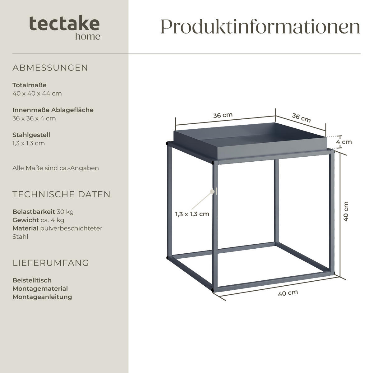 BEISTELLTISCH Cambridge,40 x 40 x 44 cm,dunkelgrau - Dunkelgrau, Metall (40/40/44cm) - tectake