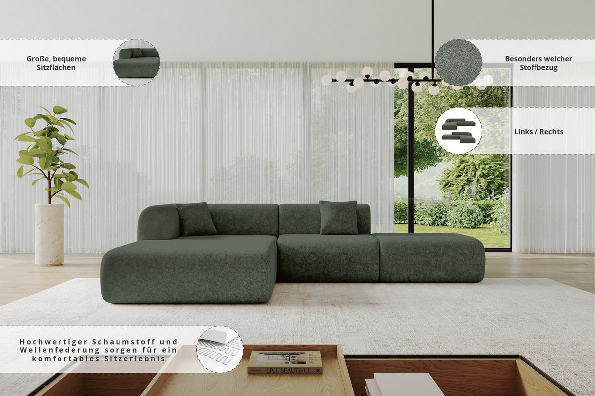 ECKSOFA Ottomane Links OVLY-L 289x176x71 Grün Chenille - Smaragdgrün/Schwarz, Holzwerkstoff/Kunststoff (176/289cm) - ALTDECOR