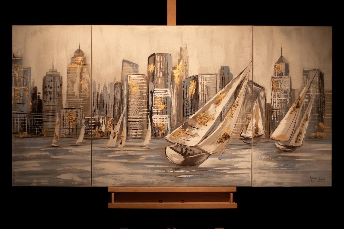 LEINWANDBILD 3-TEILIG Gelb 140/70 cm - Gelb/Grau, Textil (140/70cm) - KUNSTLOFT