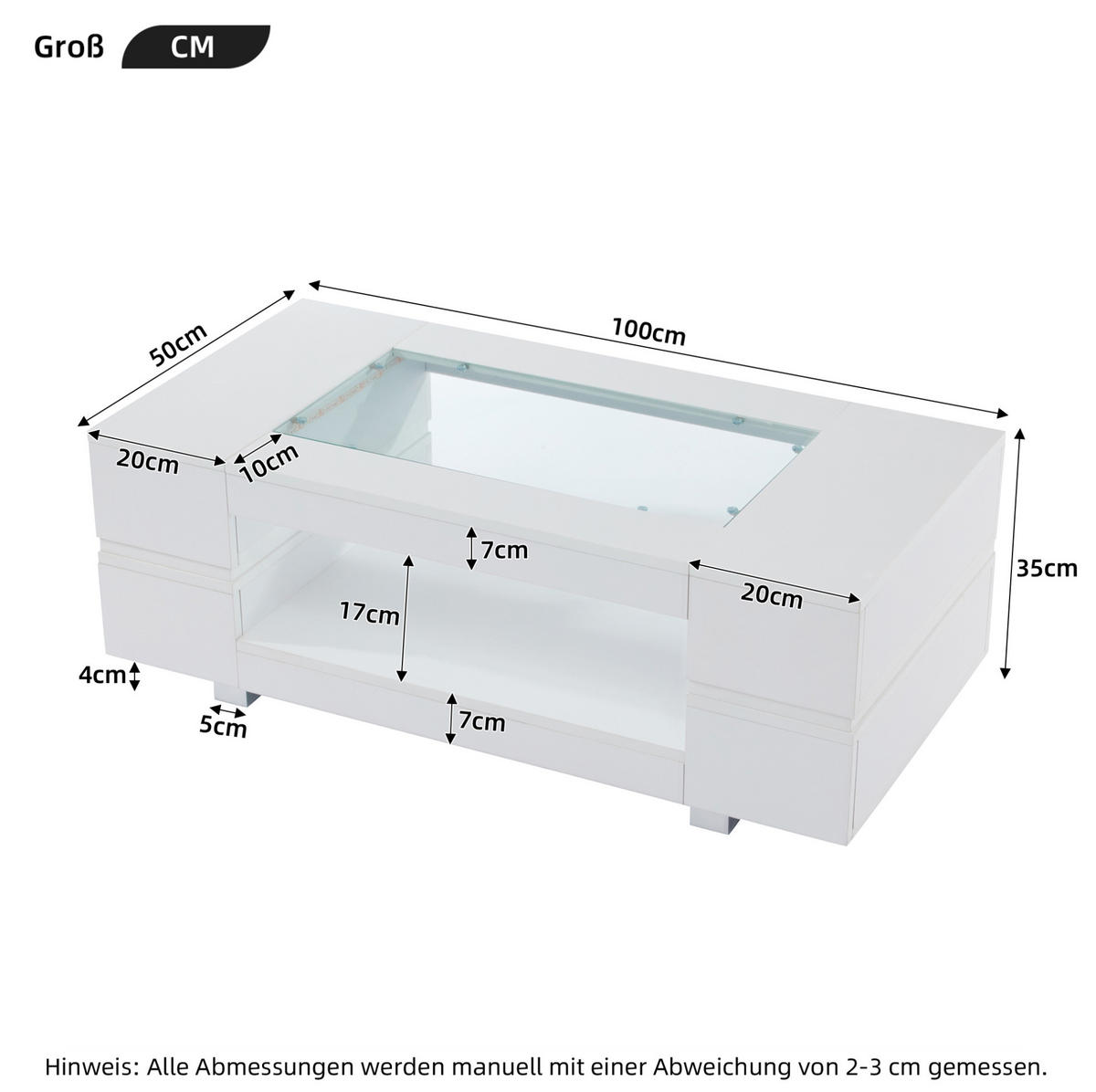 COUCHTISCH, mit LED-App-Steuerung, Glasplatte & 2 Ebenen Stauraum, 100/50/35 cm, weiß - Weiß, Holzwerkstoff (100/50/35cm) - Redom