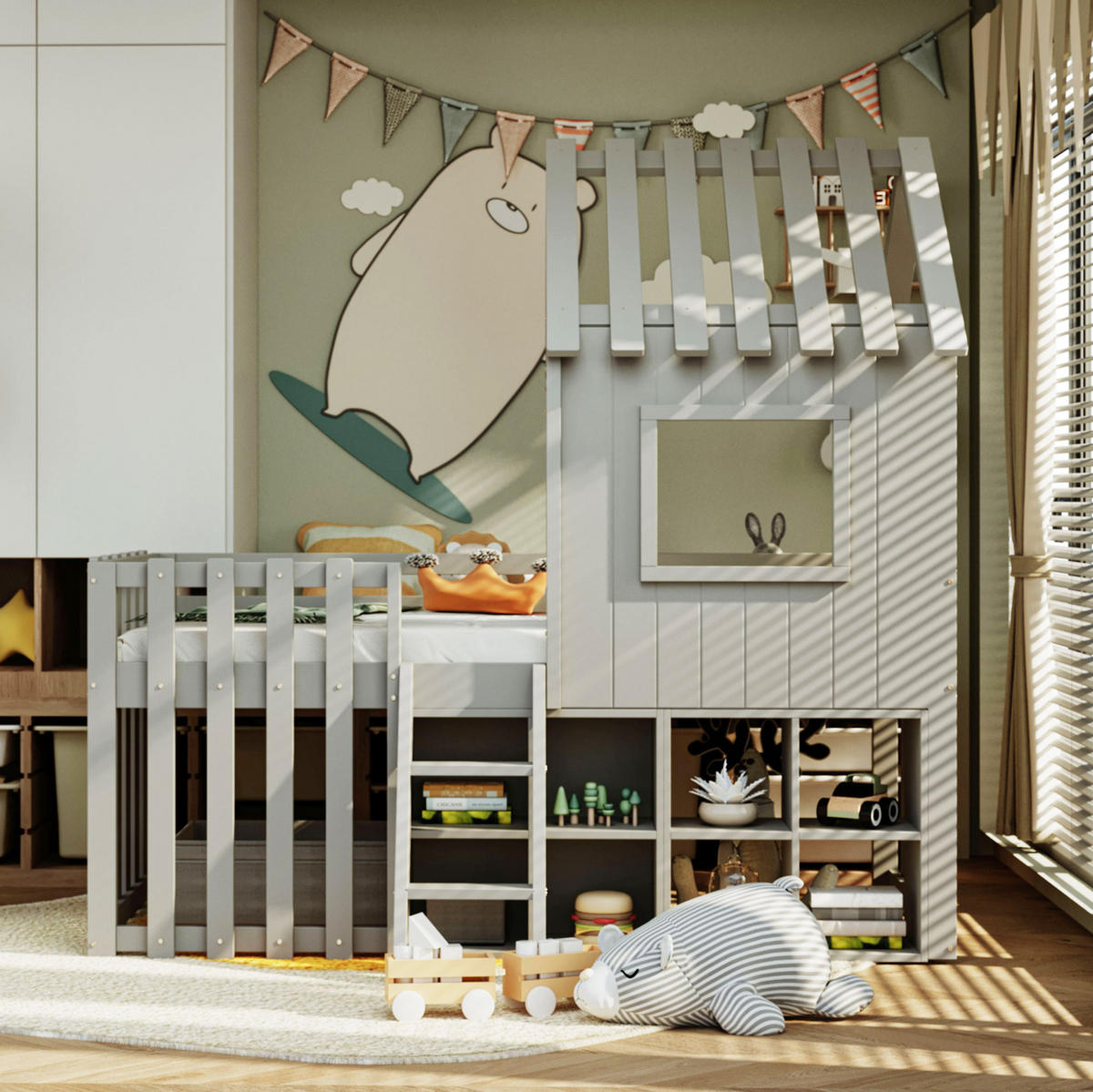 KINDERBETT 90/200 cm aus Massivholz mit Dach und Stauraum, Grau - Grau, Holz (90/200cm) - Flora Grace