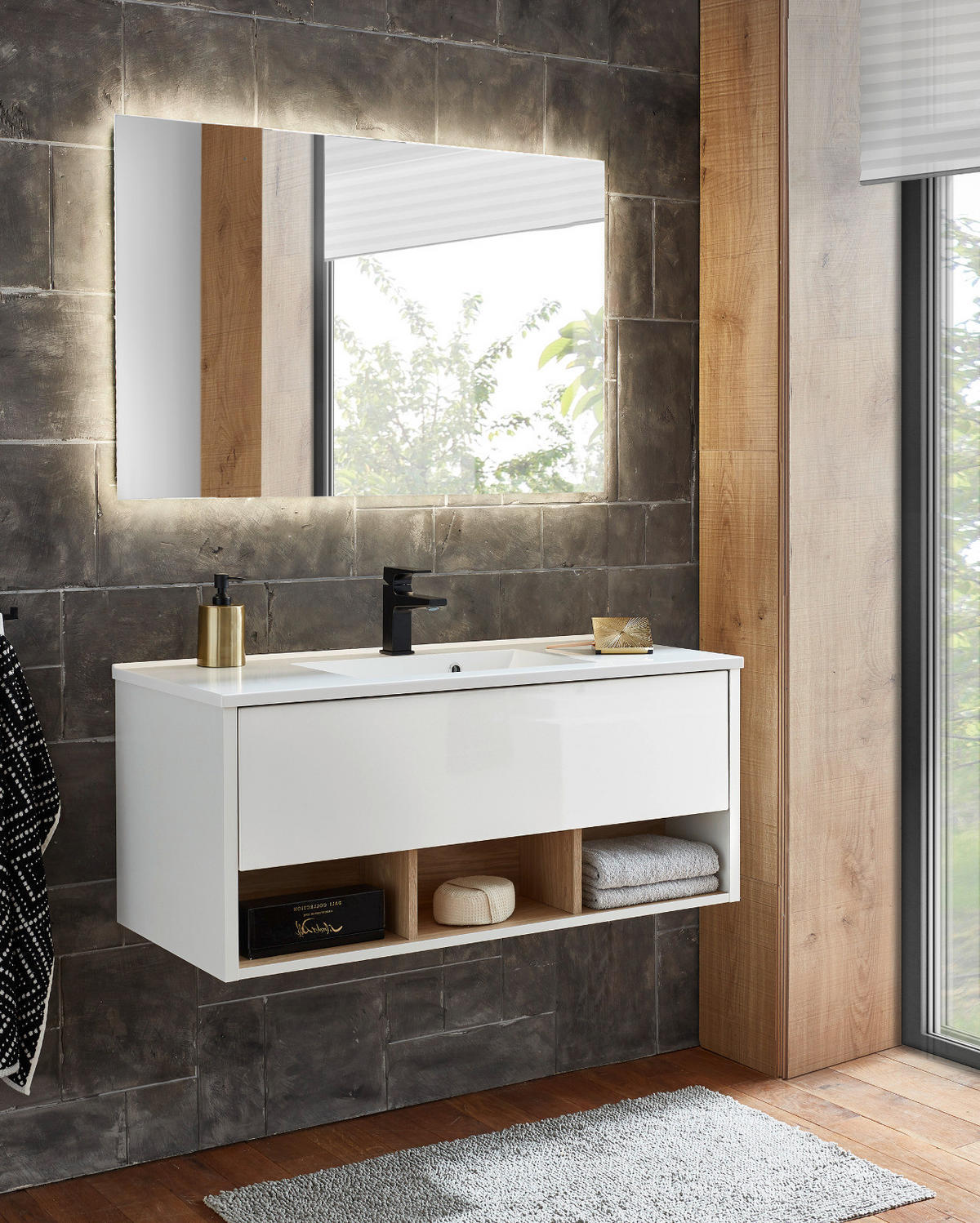 BADMÖBEL-SET weiß Hochglanz, Eiche 100 cm, Komplettset mit Waschbecken und LED Beleuchtung - Weiß Hochglanz/Eichefarben, Glas/Holzwerkstoff (100/190/47cm) - Furn.Design