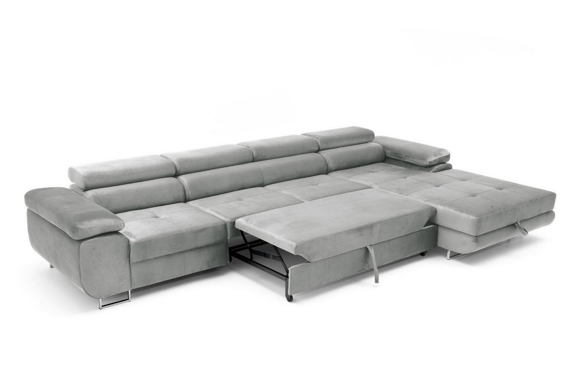 ECKSOFA ALONZO MAXI Rechts mit Schlaffunktion 125x195 Velours Hellgrau - Silberfarben/Hellgrau, Holz/Textil (203/350cm) - Muffo