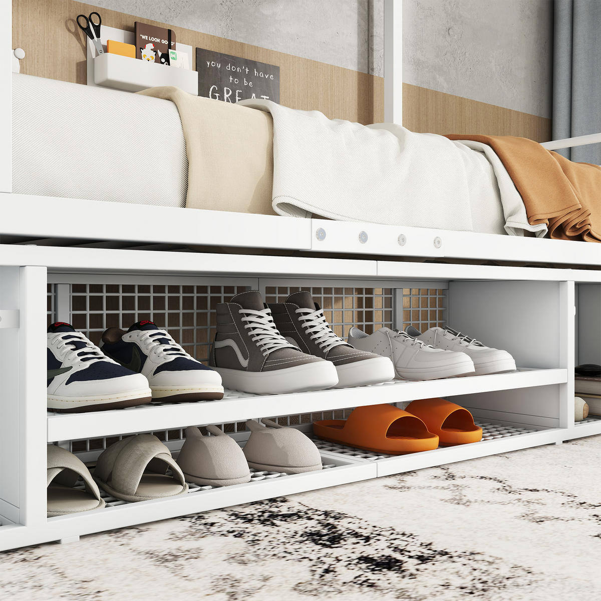 ETAGENBETT 90/200 cm Weiß Metall mit Schuhschrank und seitlicher Leiter - Weiß, Metall (90/200cm) - OKWISH