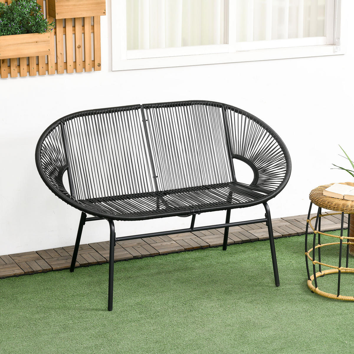 POLYRATTAN Sitzbank 2-Sitzer Rattanbank Gartenbank, für Terrasse, Balkon, Stahl - Schwarz, Metall (72/83/132cm) - Outsunny