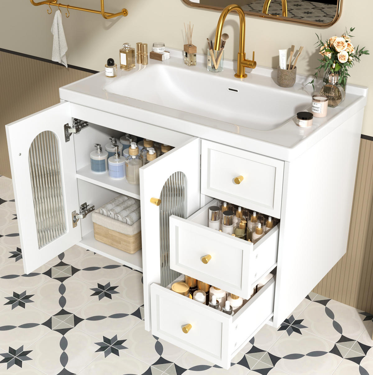 BADSCHRANK mit Keramikwaschbecken 80 cm Weiß - Weiß, Holzwerkstoff (50/58/80cm) - Beauniv