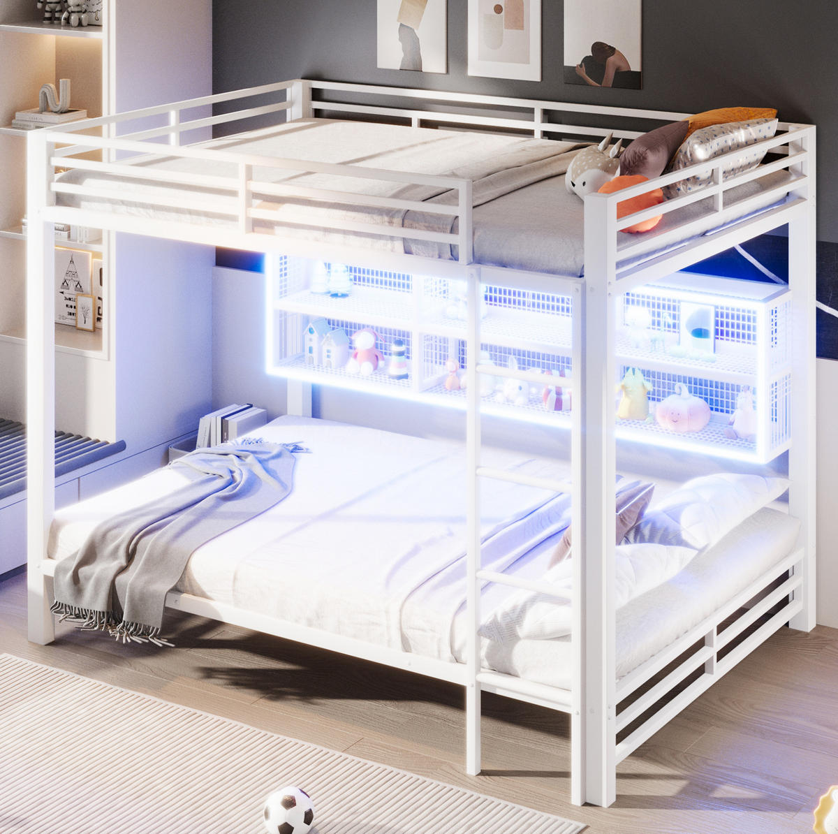 ETAGENBETT 140/200 cm Weiß mit LED und Stauraumschränken - Weiß, Metall (140/200cm) - MIVRAY