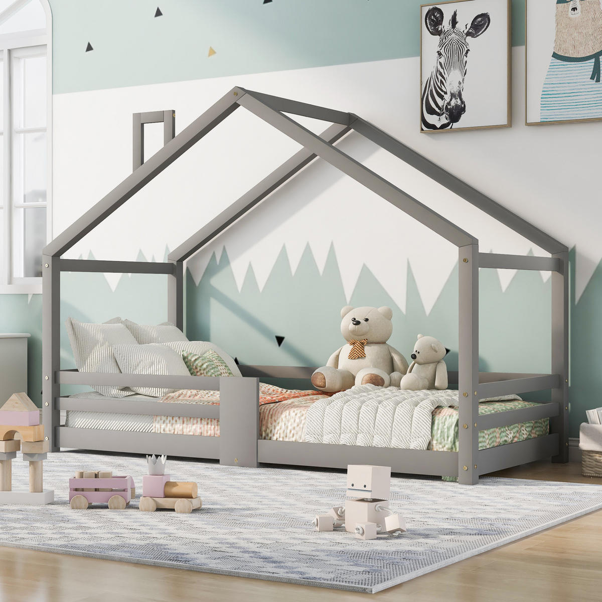 HAUSBETT 90/200 cm grau aus Kiefernholz mit Rausfallschutz - Grau, Holz (90/200cm) - OKWISH