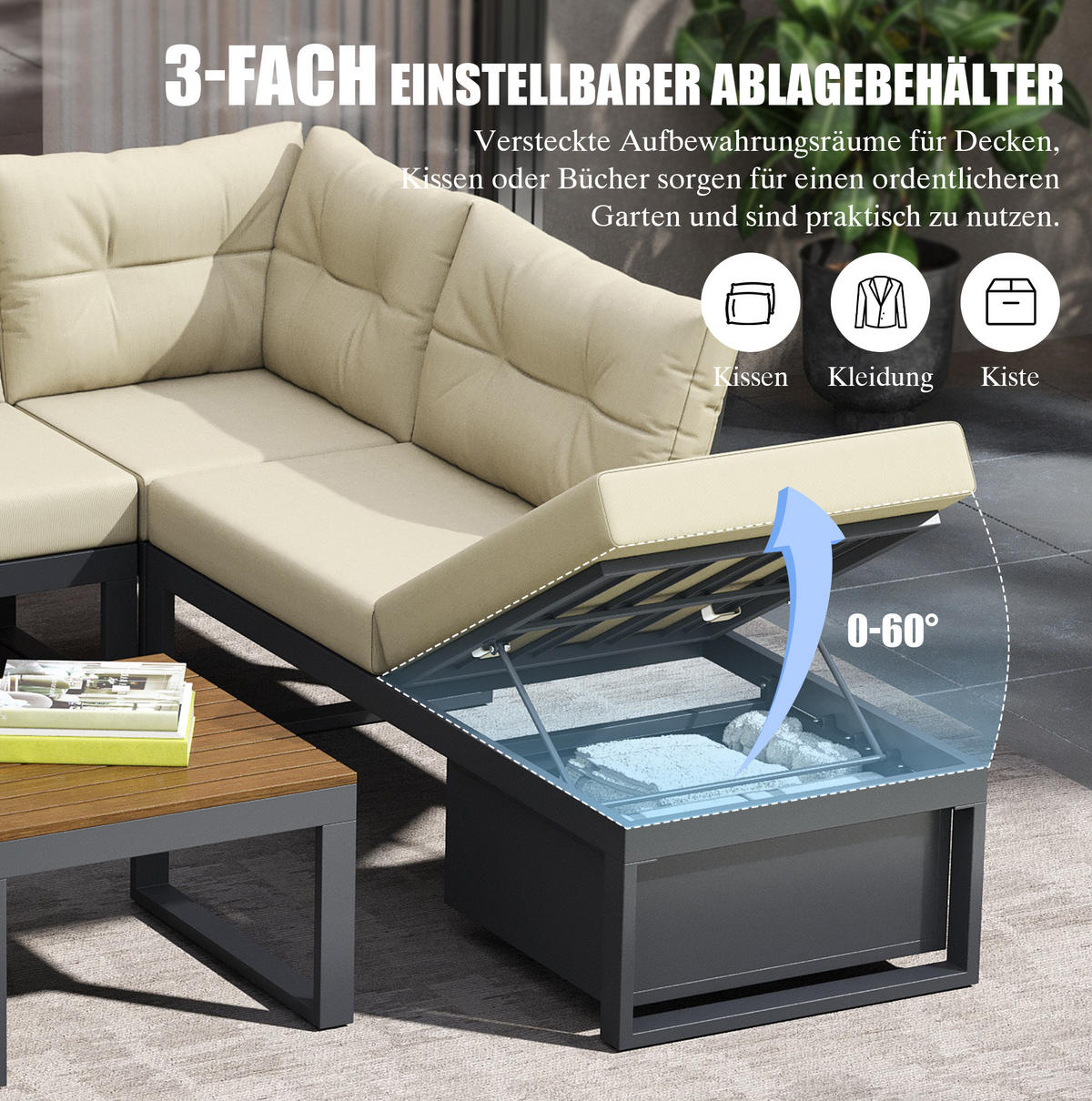 LOUNGEGARNITUR 191,5/79/191,5 cm Beige aus Polyester mit Stauraum und 3-stufiger Verstellung - Beige, Textil - OKMYHOME