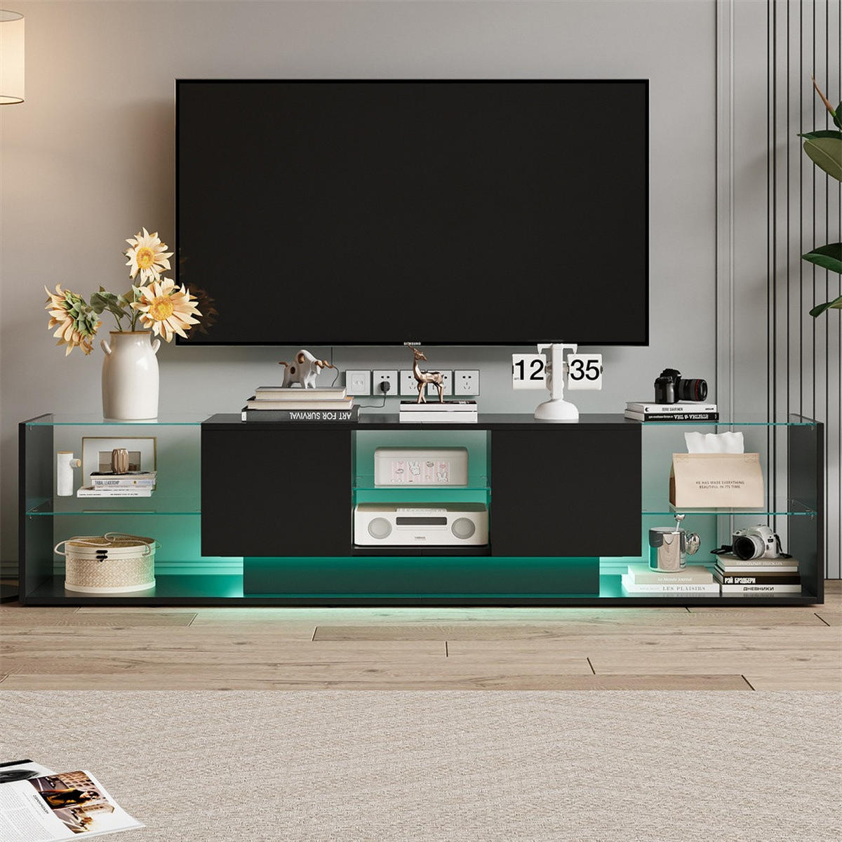 TV-LOWBOARD 200 cm - mit LED-Beleuchtung und Glasablage - Hochglanz Schwarz - Schwarz, Holzwerkstoff (35/45/200cm) - DELFA