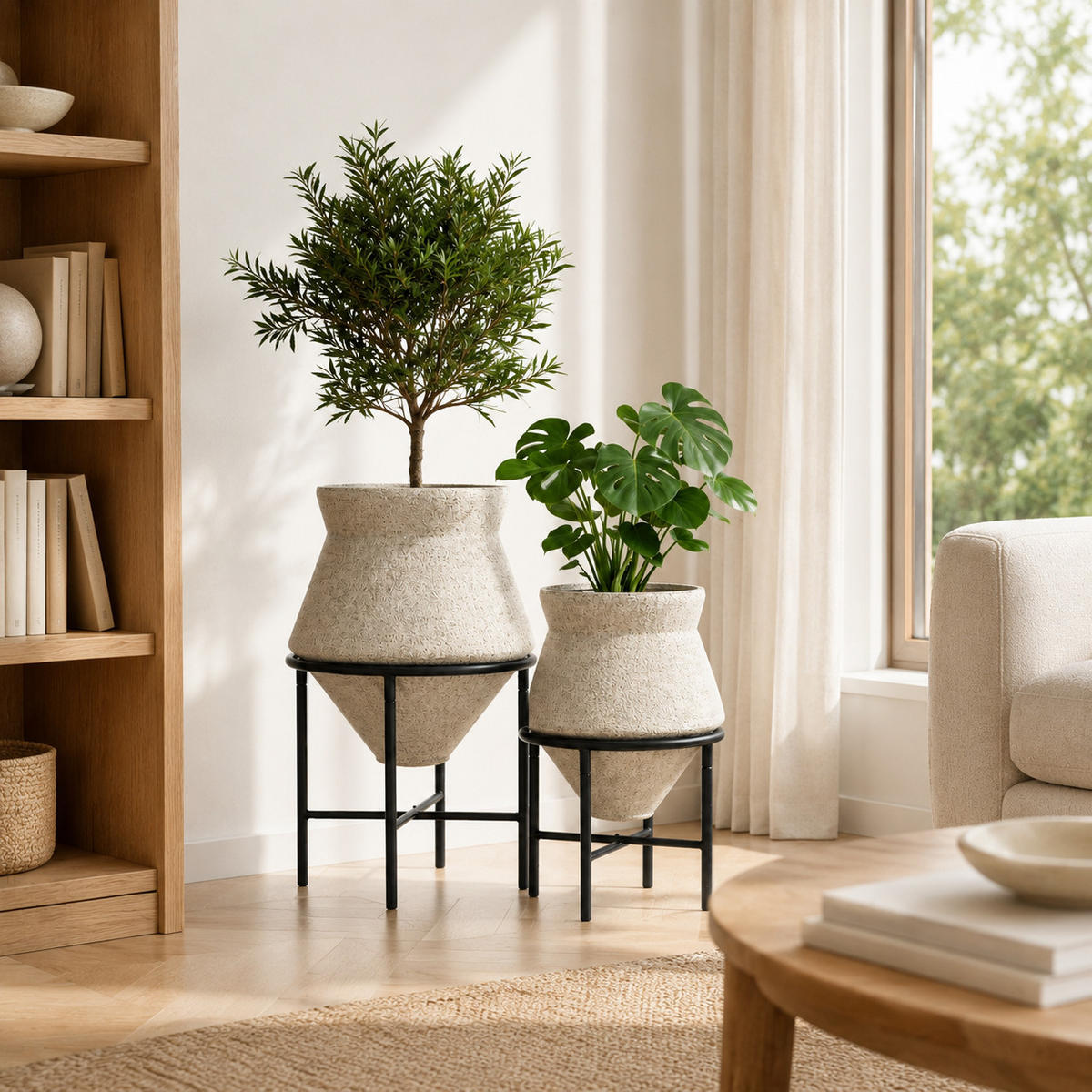BLUMENTOPF Set 2er aus Eisen, Durchmesser 31& 25cm Für Innenbereich - Beige, Metall (40/62/40cm) - Hometopia