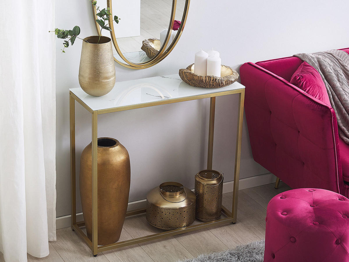 KONSOLENTISCH Marmor Optik weiß/gold Delano - Goldfarben/Weiß, Glas (30/80/76cm) - Beliani