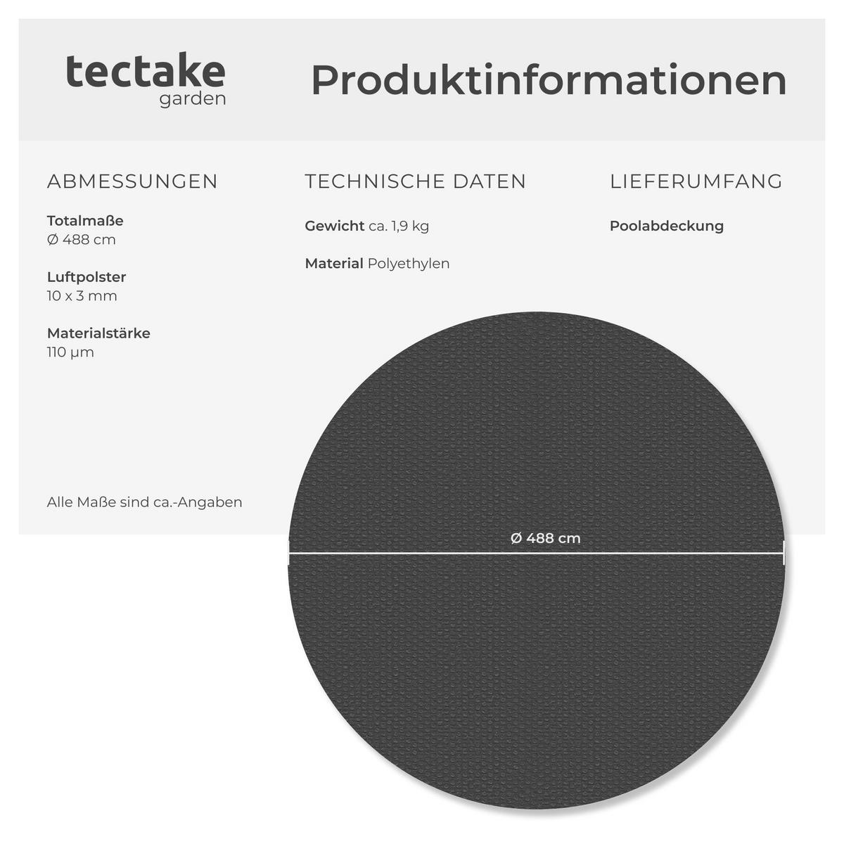 POOL-SOLARFOLIE , Durchmesser 488 cm, schwarz - Schwarz, Kunststoff (488/488cm) - tectake