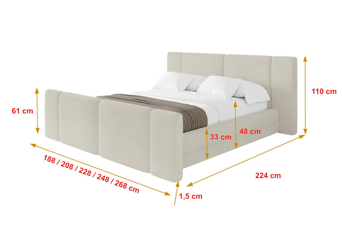 POLSTERBETT mit Bettkasten, Fußteil und Lattenrost, Bett mit Matratze H3/H4 - TEVO-Z 180x200 Creme - Sahara, Holzwerkstoff/Textil (180/200cm) - ALTDECOR