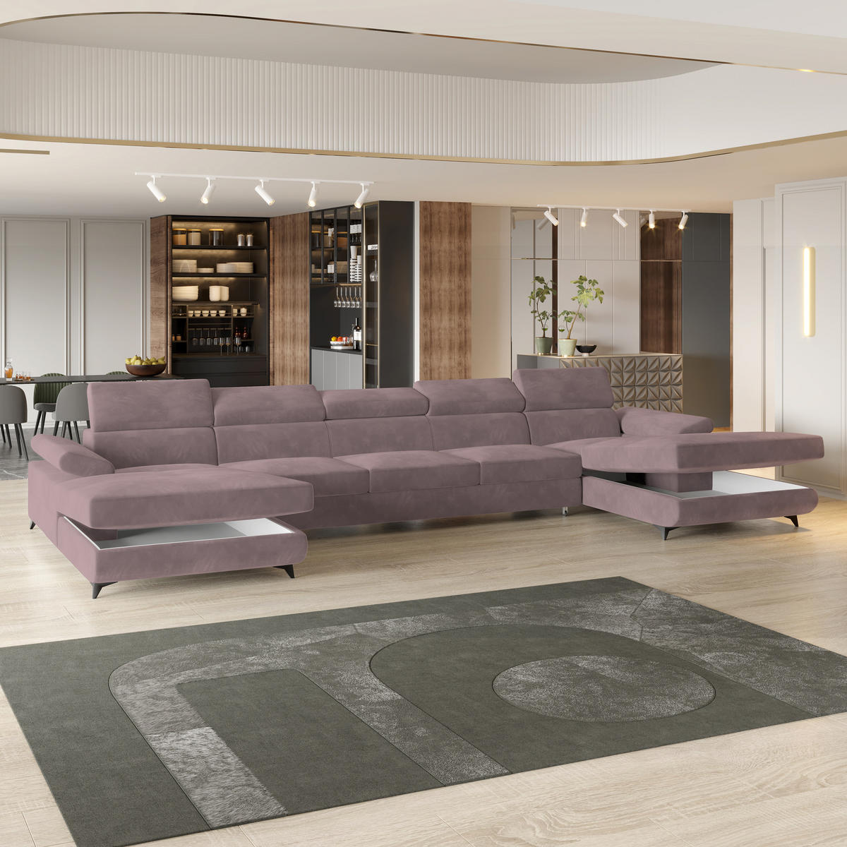 WOHNLANDSCHAFT VIVENTE Lila Velours-Stoff mit Schlaffunktion - Lila, Holz (410/89/190cm) - MASSENO