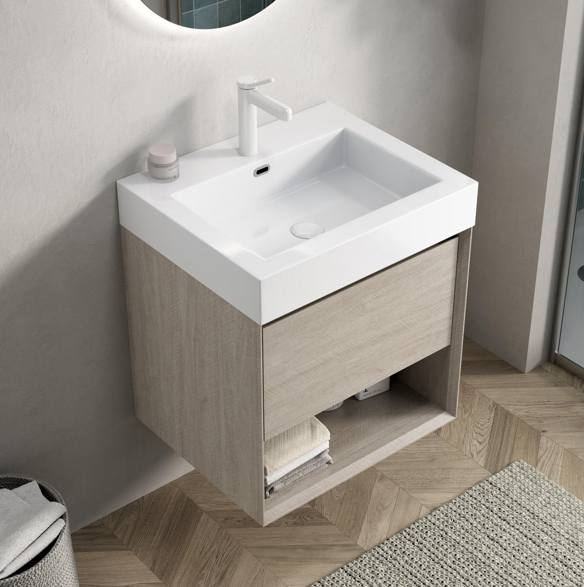 WASCHTISCHKOMBI 55x46x60cm Helle Eiche/Weiß mit Resinbecken & Massivholzfront - Creme, Kunststoff (55/60/46cm) - Modfu