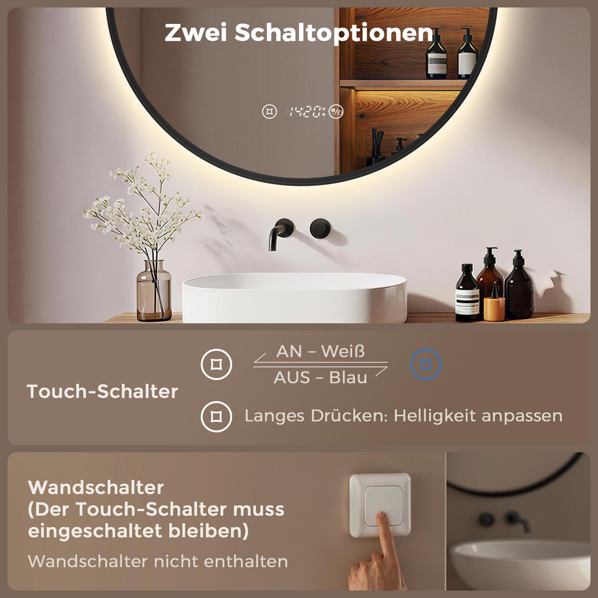 BADSPIEGEL MIT BELEUCHTUNG 60 cm Rund schwarz mit Aluminiumrahmen und Antibeschlag - Schwarz, Glas (60/60/3.3cm) - S'AFIELINA