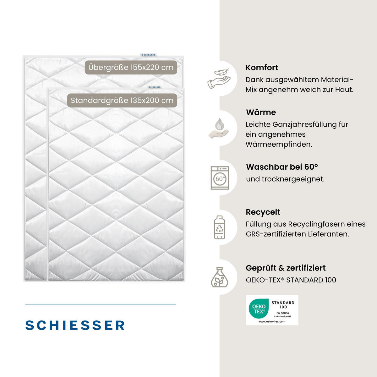 GANZJAHRESBETTDECKE Hygge - Mikrofaserbezug - Füllung aus silikonisierter Polyester-Hohlfaser - 155x220 cm - Weiß - Weiß, Textil (155/220cm) - SCHIESSER