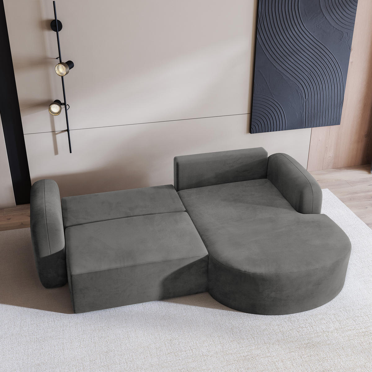 ECKSOFA AMILIA M R-S Grau Velours-Stoff mit Schlaffunktion - Grau, Holz (263/174cm) - MASSENO