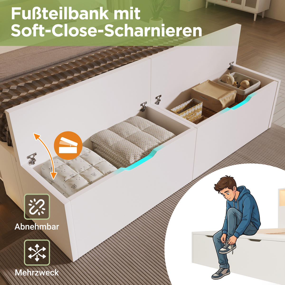 BETT 140/200 cm in Weiß mit 2 Schubladen, LED und USB - Weiß, Holzwerkstoff/Textil (140/200cm) - WISHDOR