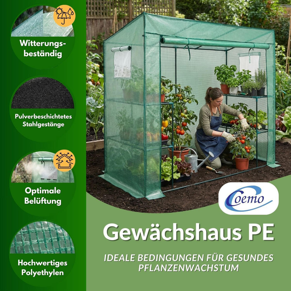 GEWÄCHSHAUS für Tomaten 200/80/170 cm - Grün, Kunststoff (80/170/200cm) - Coemo