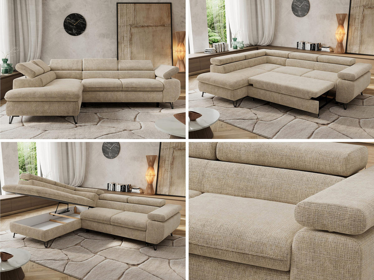 ECKSOFA PABLO L Beige Schenille grob gewebt - Links Seite mit Visco Topper - Beige/Schwarz, Textil/Metall (208/273cm) - MKS