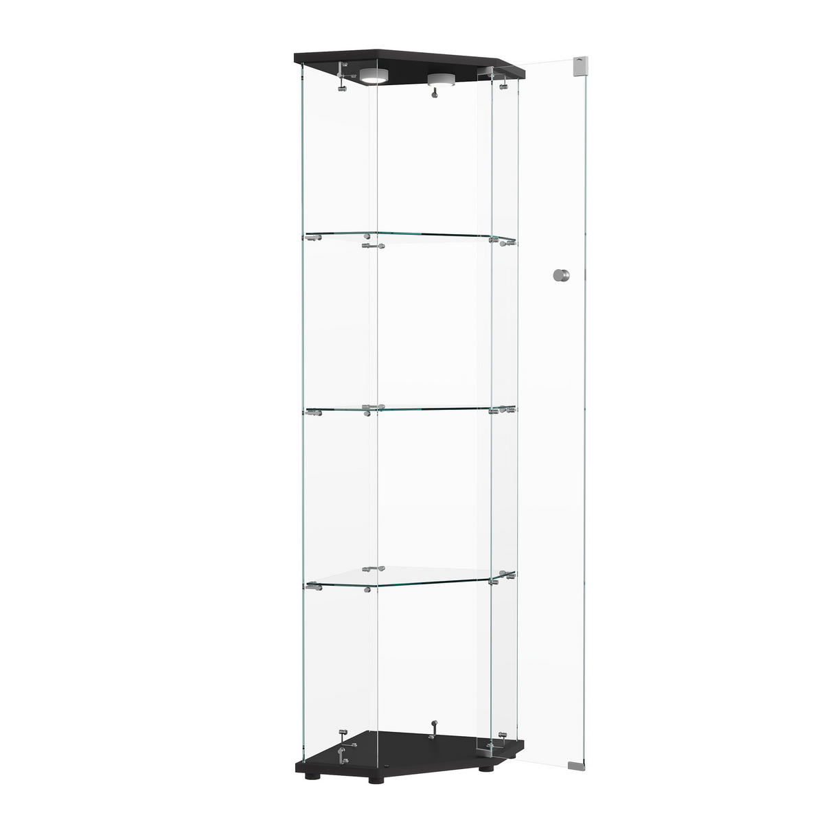 VITRINE 4 Etagen, 1 Tür, LED-Touchlicht Sockel, Pentagon, Schwarz - Schwarz, Glas (60/160/40cm) - EuroLiving