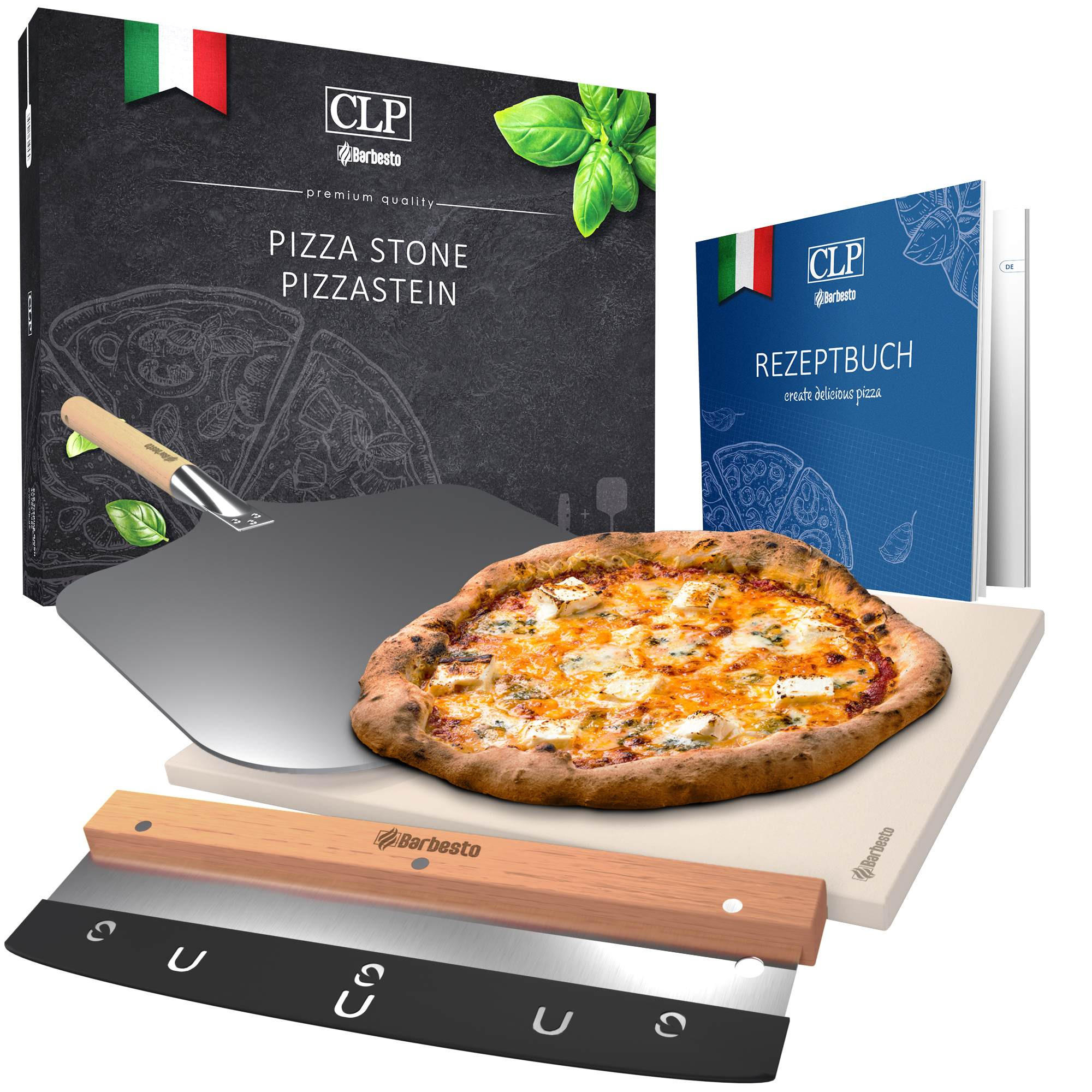 PIZZASTEIN Set 2 ( Pizzastein+Schneider+Schieber ) - Weiß, Stein (38/1.5/30cm) - CLP