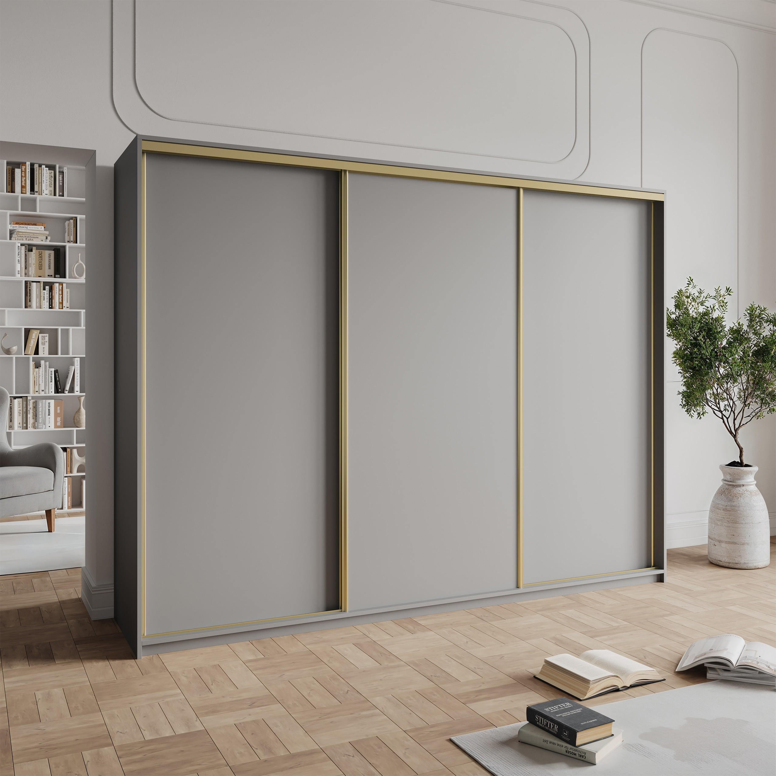SCHWEBETÜRENSCHRANK NISSE 270/205/60 cm 3-türig Graphitfarben - Graphitfarben, Holzwerkstoff (270/205/60cm) - MASSENO