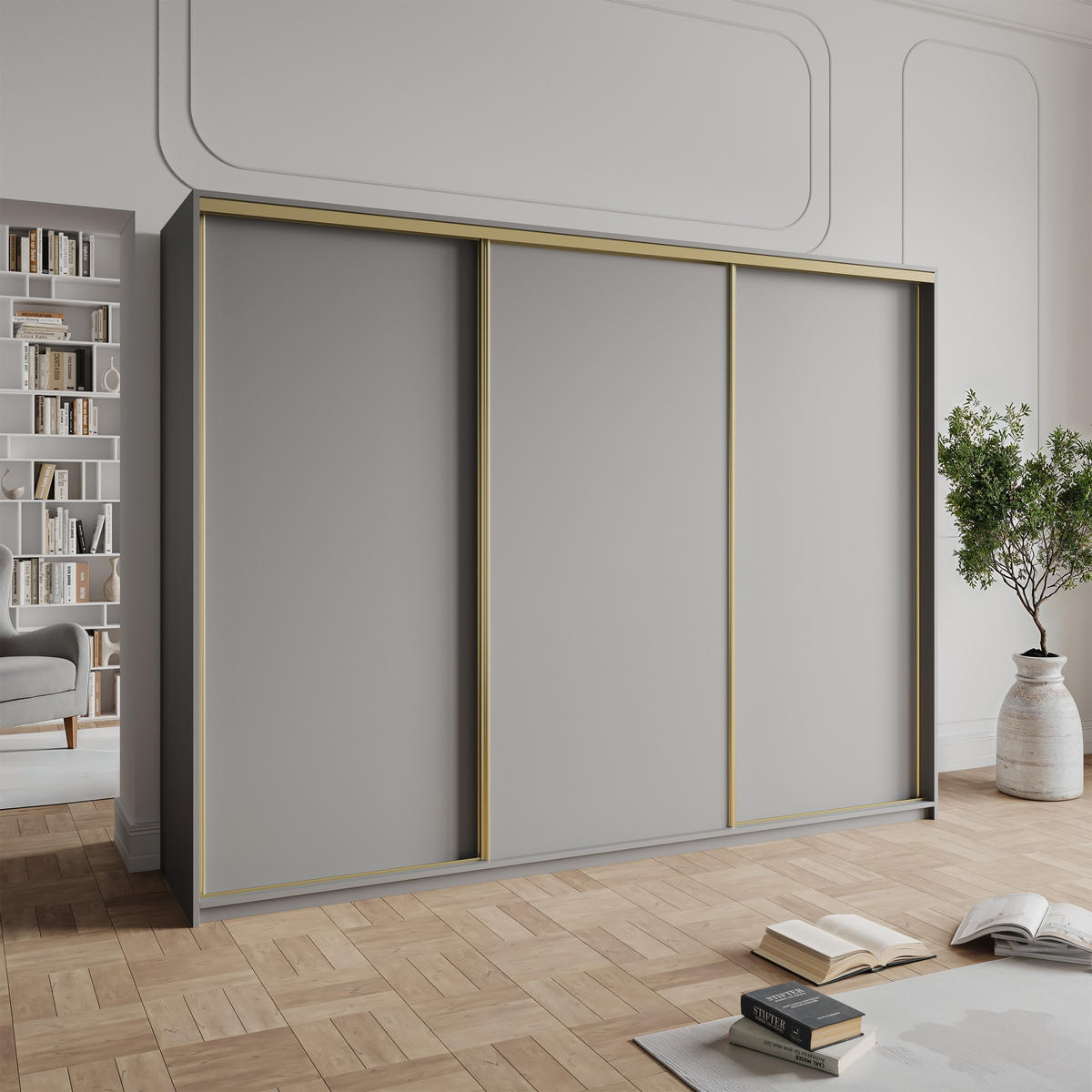 SCHWEBETÜRENSCHRANK NISSE 250/205/60 cm 3-türig mit Schubladen Graphitfarben - Goldfarben/Graphitfarben, Holzwerkstoff (250/205/60cm) - MASSENO