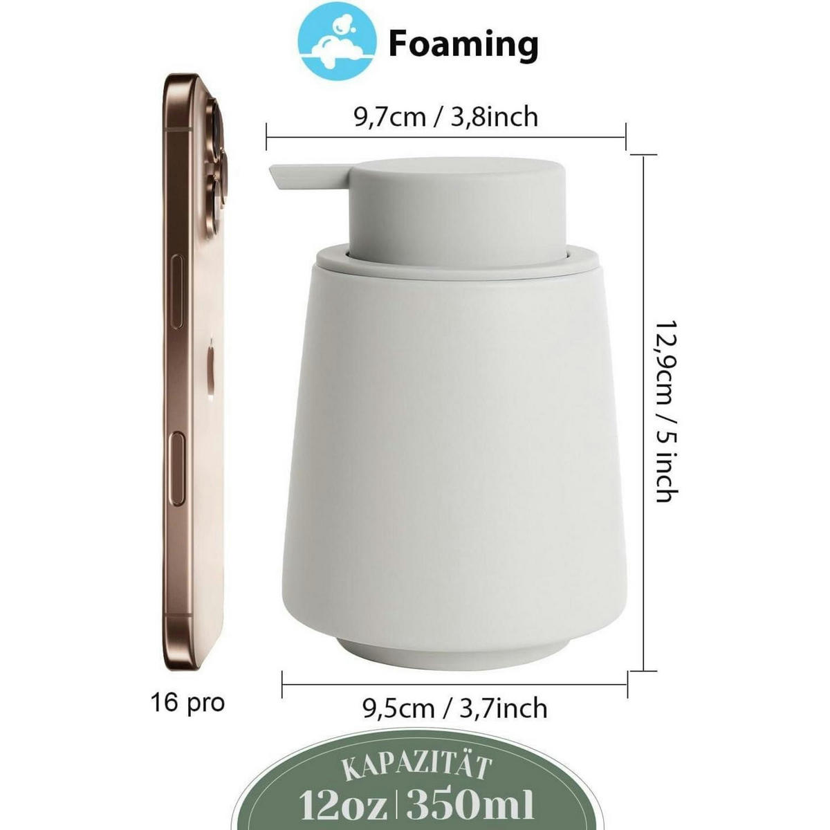 SCHAUMSEIFENSPENDER Keramik Grau 400 ml - Grau, Keramik (9.5/12.9/9.5cm)
