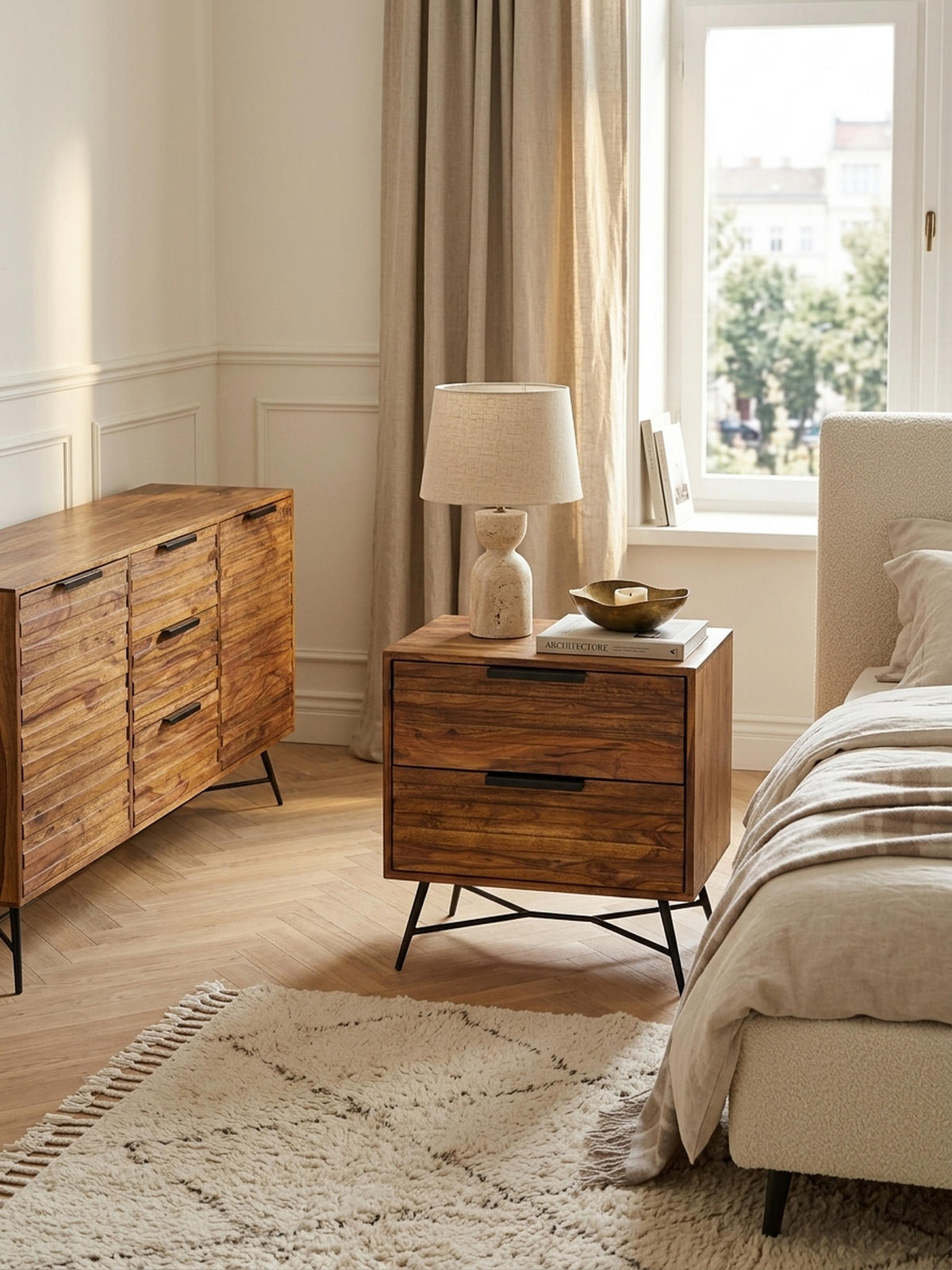 NACHTTISCH – Massivholz/Metall, große Schubladen, Industrial-Stil - Schwarz/Braun, Holz/Metall (60/60/40cm) - KADIMA DESIGN