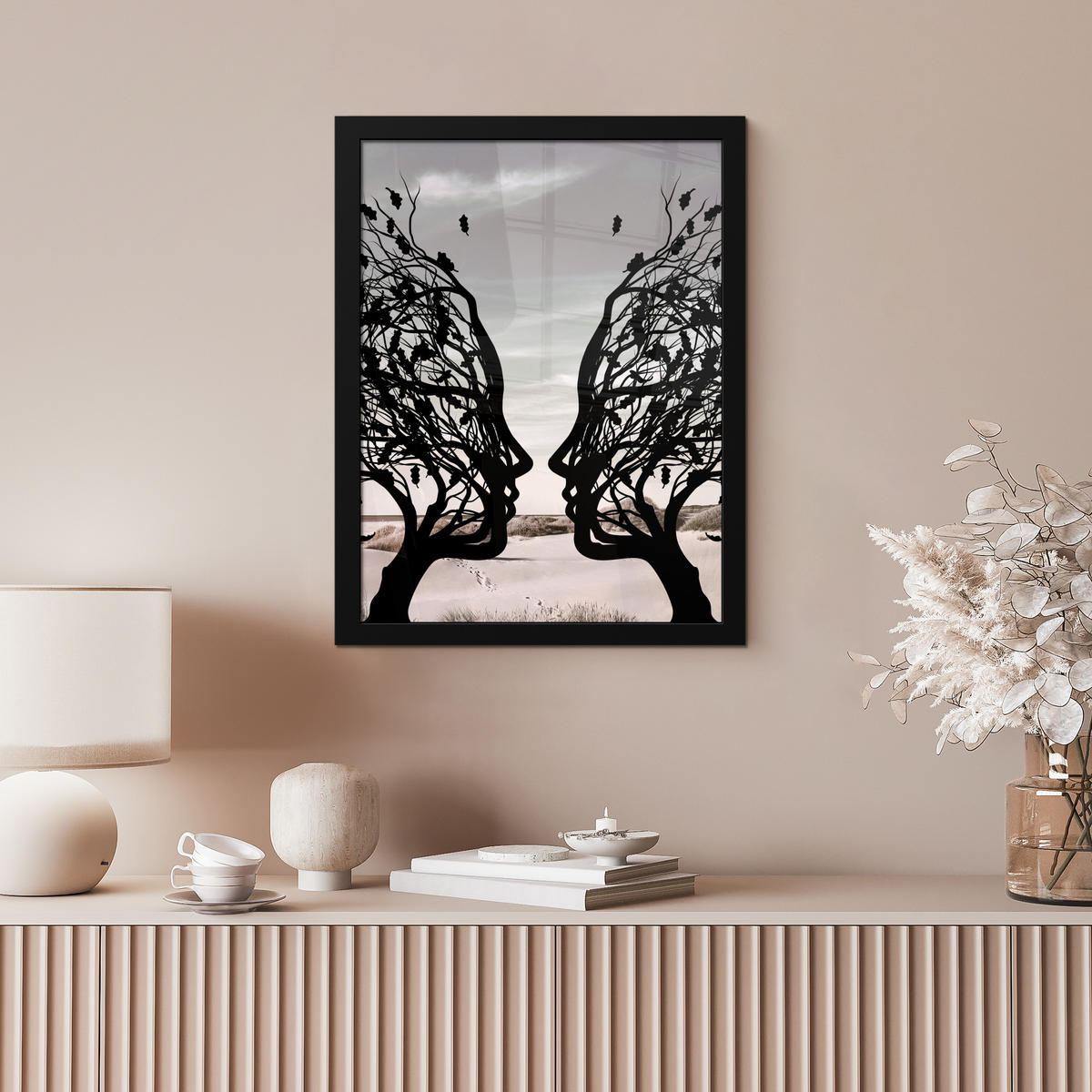 GERAHMTES BILD Strand - Meer - Menschen - Baum - Moderne Kunst 30x40 cm - Hellgrau, Papier (30/40cm) - MuchoWow