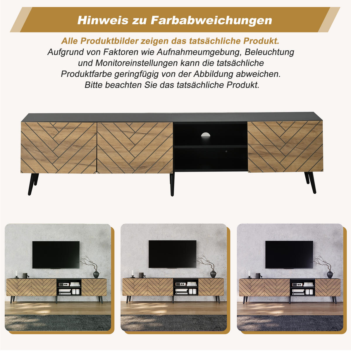 LOWBOARD in Holzfarbe TV-Ständer mit geräuschlosen Scharnieren für Wohnzimmer, B180/T33,5/H45 cm - Schwarz/Naturfarben, Holzwerkstoff/Metall (180/45/33.5cm) - STILVORA