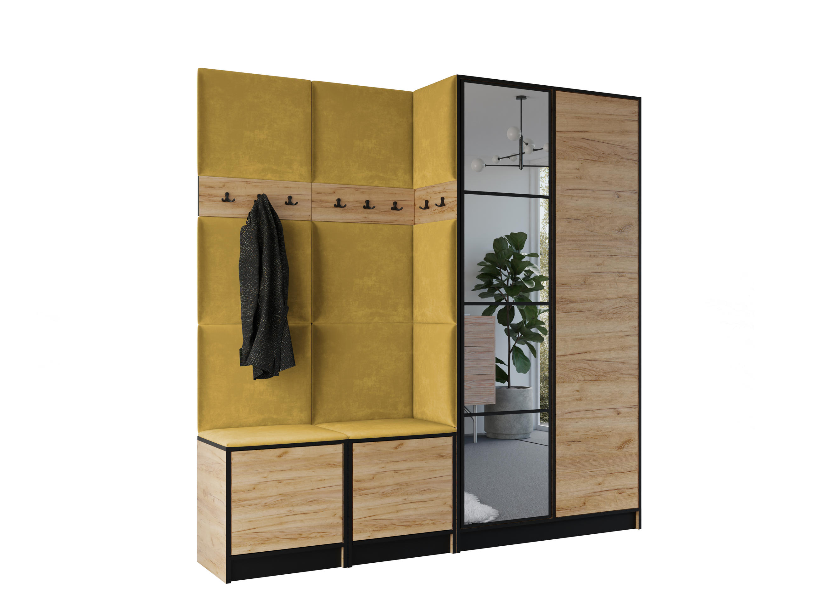 Kier Furniture ŠATNÍ SKŘÍŇ do předsíně EDEN 21 se zrcadlem - Dub Craft & žlutá látka