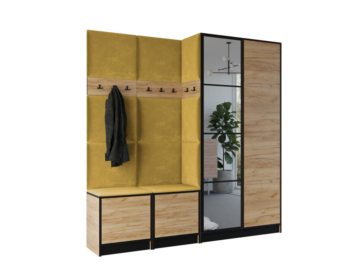 GARDEROBENSCHRANK EDEN 21 mit Spiegel - Eiche Craft Gold & Stoff Gelb - Honigeiche/Gelb, Holzwerkstoff (211/205/39cm) - Kier Furniture