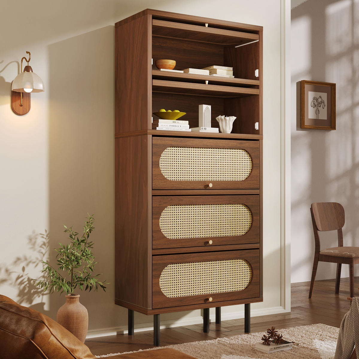SIDEBOARD aus Holz 80x40x163 cm Nussbaum mit 5 Klappen, Rattan-Front und Metallbeinen - Walnussfarben, Holzwerkstoff (80/163/40cm) - Modfu